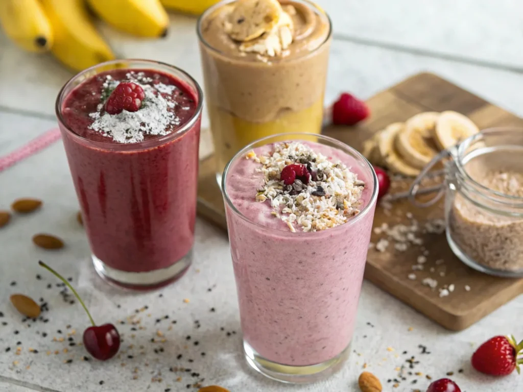 Three banana cherry smoothie variations with almond butter, protein powder, and coconut flakes