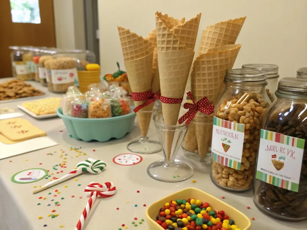 Nutty Buddies served in jars, cones, and gift bags – festive no-bake party snack presentation