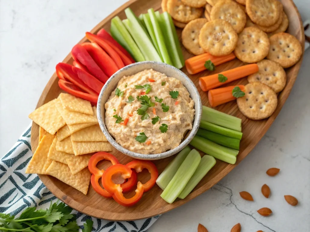 Low-carb dippers served with buffalo chicken cottage cheese dip – perfect for keto and healthy snacking