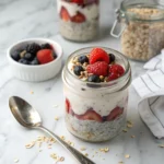 Recipe card image of overnight oats in a mason jar with fruits and almonds – soaked oats breakfast