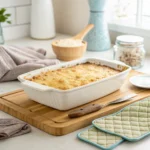 Perfectly baked casserole in a Pyrex dish with oven mitts – demonstrating Pyrex oven temperature safety