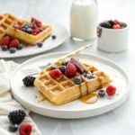 Single sourdough waffle with maple syrup and berries on a white plate, clean white background