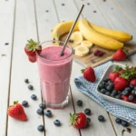 Glass of strawberry blueberry banana smoothie with fruit ingredients on table