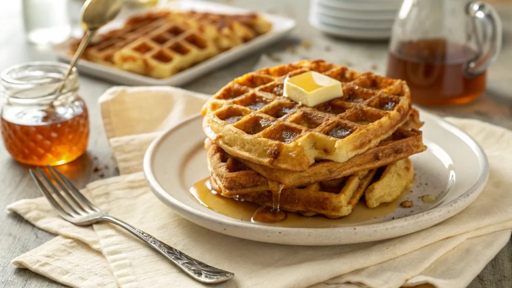 Stack of golden sourdough waffles with maple syrup and butter on a rustic breakfast table