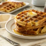 Stack of golden sourdough waffles with maple syrup and butter on a rustic breakfast table