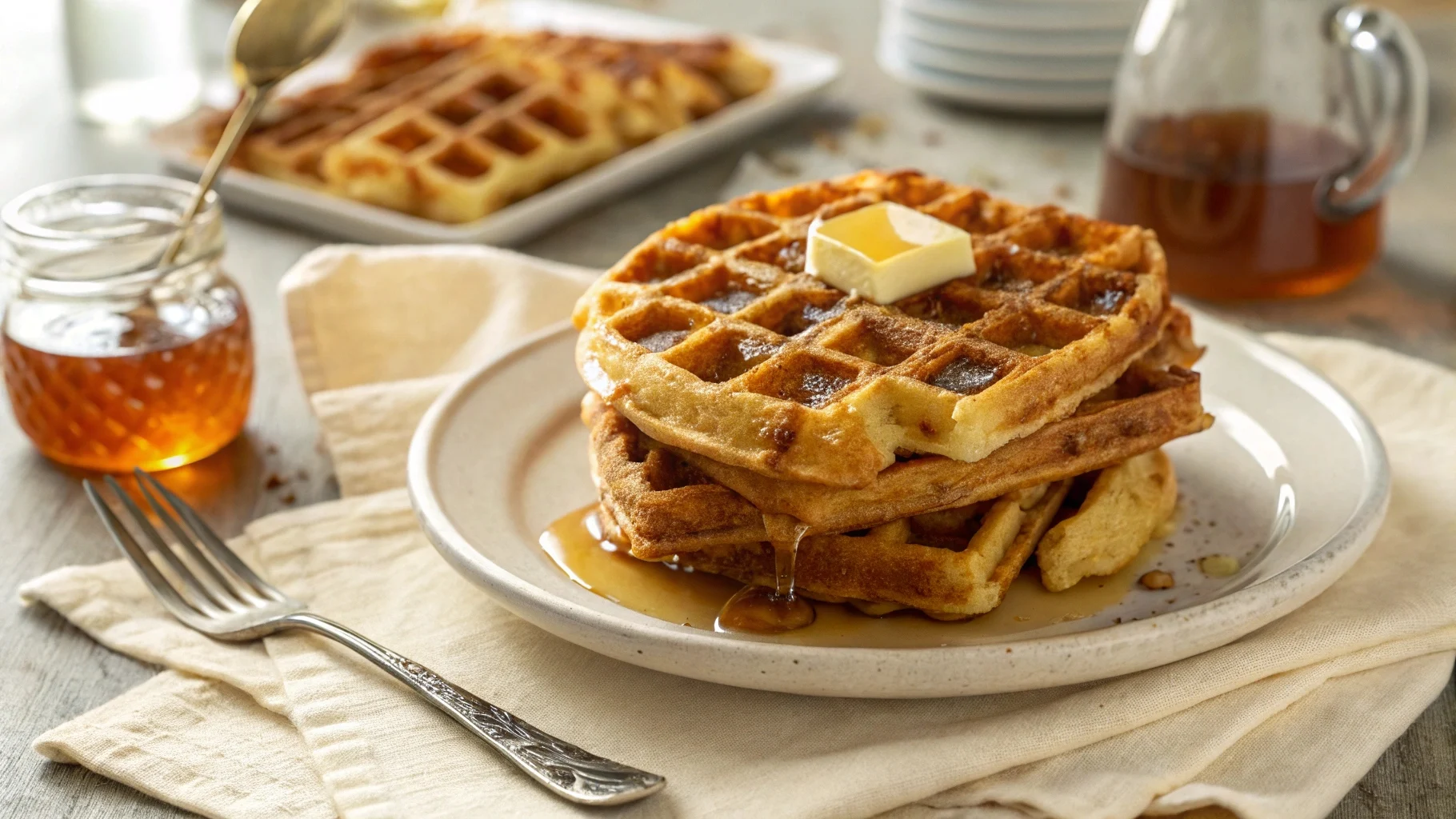 Stack of golden sourdough waffles with maple syrup and butter on a rustic breakfast table