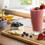 Refreshing strawberry blueberry banana smoothie in a glass with fruit garnish