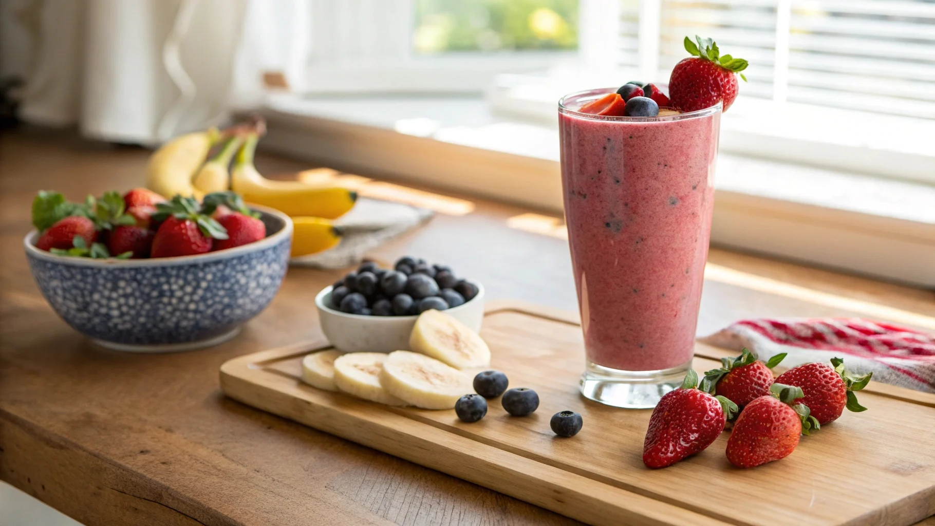 Refreshing strawberry blueberry banana smoothie in a glass with fruit garnish