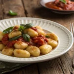 Homemade potato gnocchi with tomato basil sauce served on a rustic plate – ideal portion for gnocchi serving size