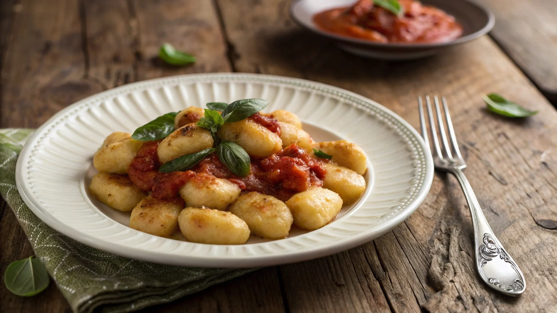 Homemade potato gnocchi with tomato basil sauce served on a rustic plate – ideal portion for gnocchi serving size