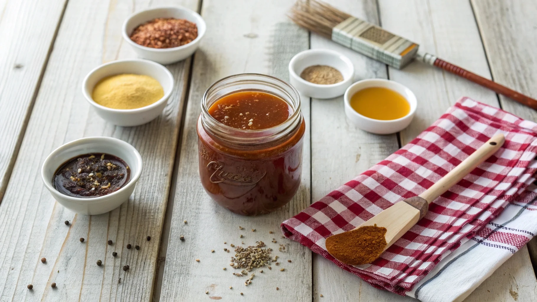 Mason jar of tangy Carolina BBQ sauce on a rustic table with Southern ingredients like vinegar, mustard, and spices