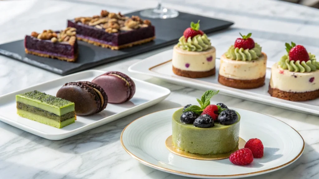 Assorted modern desserts showcasing current dessert trends like matcha tiramisu and vegan chocolate tart