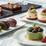 Assorted modern desserts showcasing current dessert trends like matcha tiramisu and vegan chocolate tart