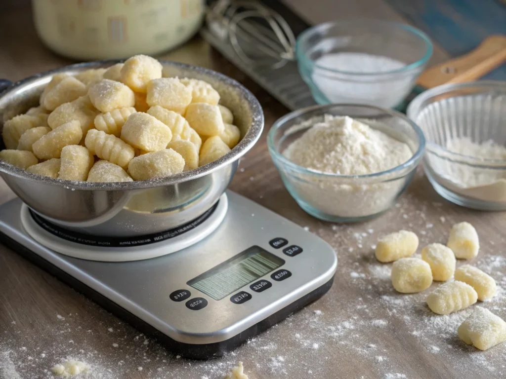 Weighing gnocchi on a kitchen scale for accurate portion control – gnocchi serving size guide