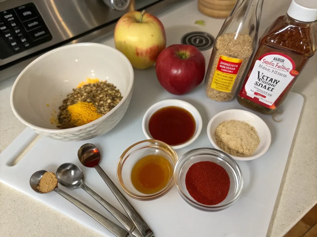 Ingredients for vinegar-based Carolina BBQ sauce: apple cider vinegar, brown sugar, ketchup, and spices on a kitchen counter