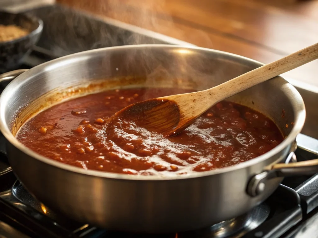 Tangy Carolina BBQ sauce simmering on stovetop in a saucepan during cooking process