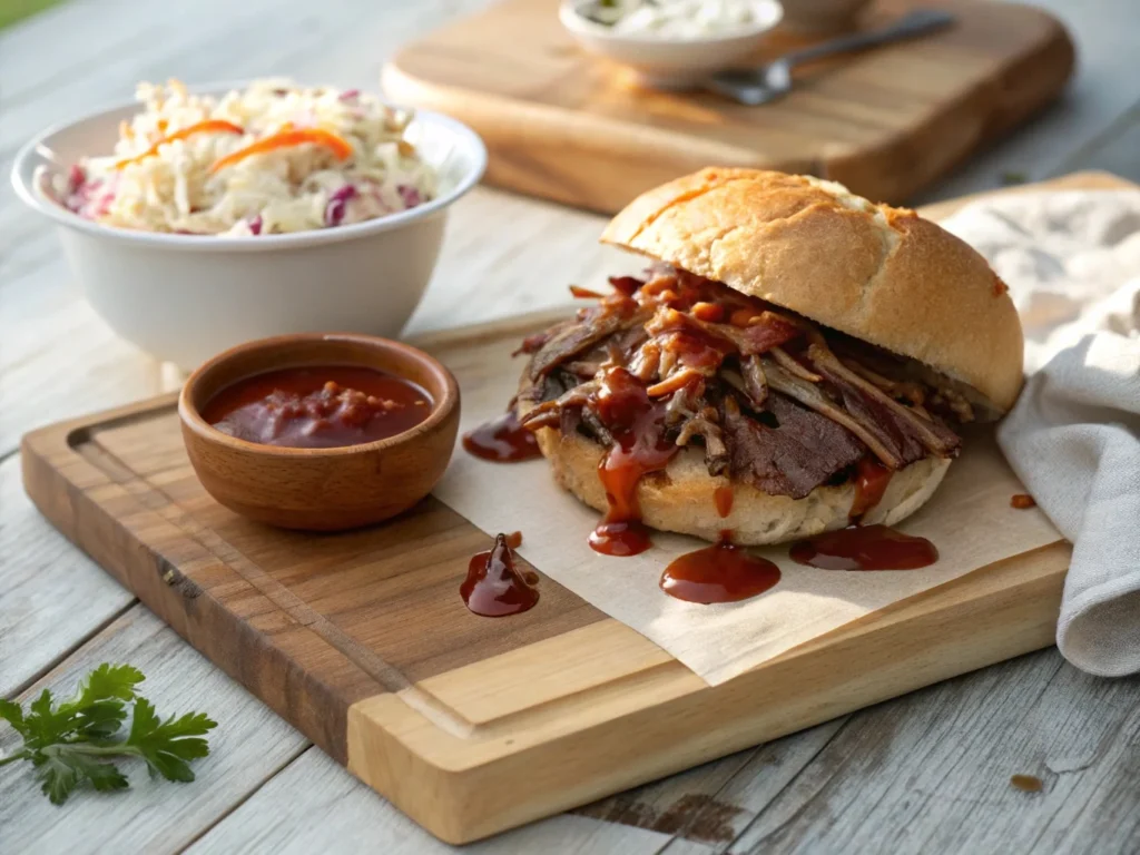 Pulled beef sandwich drizzled with Southern-style Carolina BBQ sauce and served with coleslaw