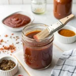 Glass jar of tangy Carolina BBQ sauce with surrounding ingredients like vinegar, mustard, and red pepper flakes