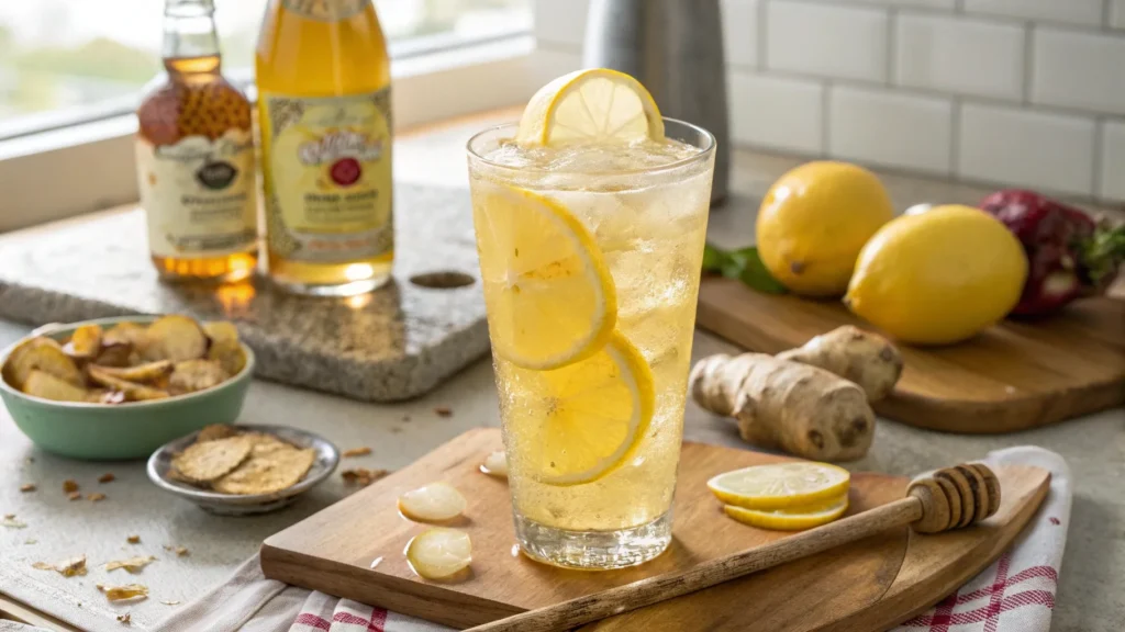 Close-up of a Brazilian Mounjaro drink with lemon, ginger, and apple cider vinegar served in a tall glass on a rustic wooden table.