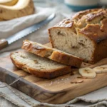 Close-up of sliced cottage cheese banana bread showing moist texture, golden crust, and banana pieces