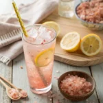 Glass of pink salt trick recipe wellness drink with lemon on a rustic table
