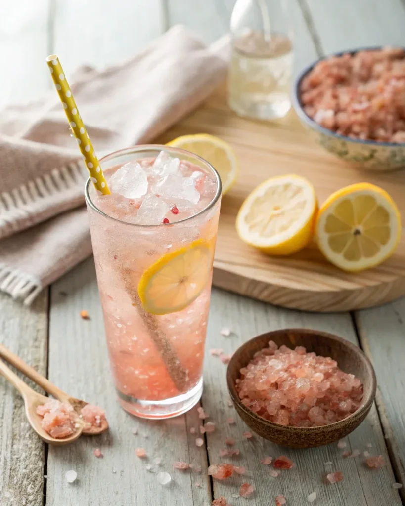 Glass of pink salt trick recipe wellness drink with lemon on a rustic table