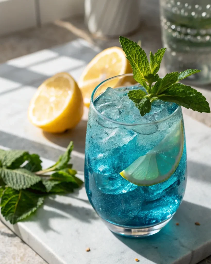 Glass of homemade blue salt recipe with lemon and mint for hydration