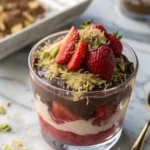 Close-up of Dubai chocolate strawberry dessert layered in a glass with pistachio cream, toasted kataifi, and melted chocolate