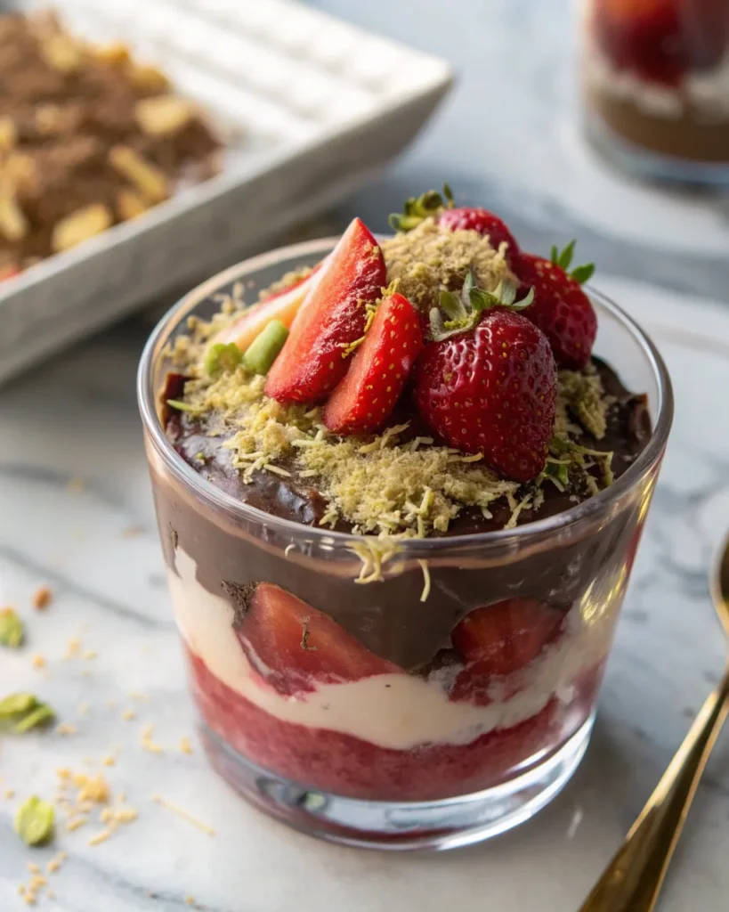 Close-up of Dubai chocolate strawberry dessert layered in a glass with pistachio cream, toasted kataifi, and melted chocolate