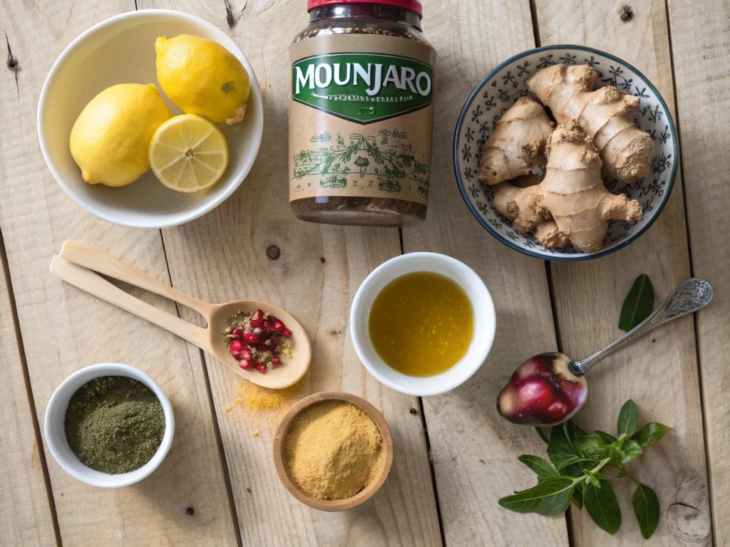 Top view of Brazilian Mounjaro ingredients including lemon, ginger, apple cider vinegar, butterfly pea flower, camu camu powder, and yerba mate.