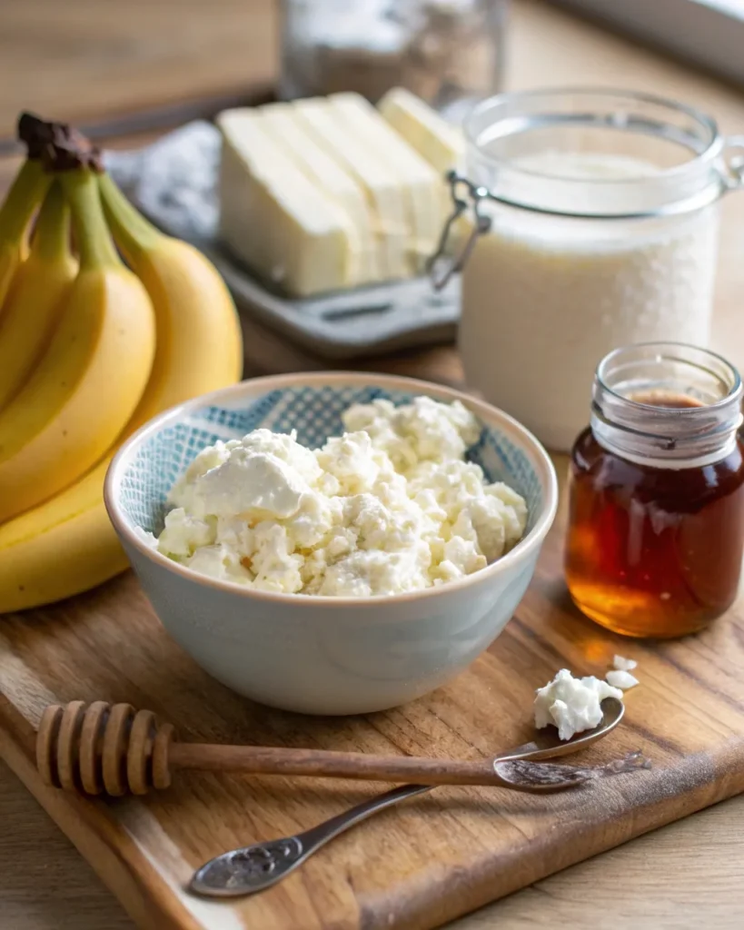 Ingredients for cottage cheese protein ice cream including cottage cheese, banana, honey, and vanilla extract