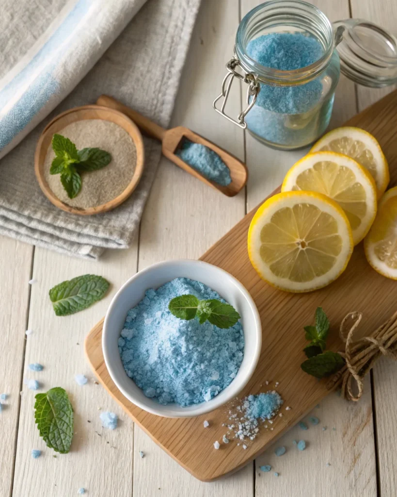 DIY blue salt recipe ingredients: sea salt, citrus, butterfly pea powder, and mint