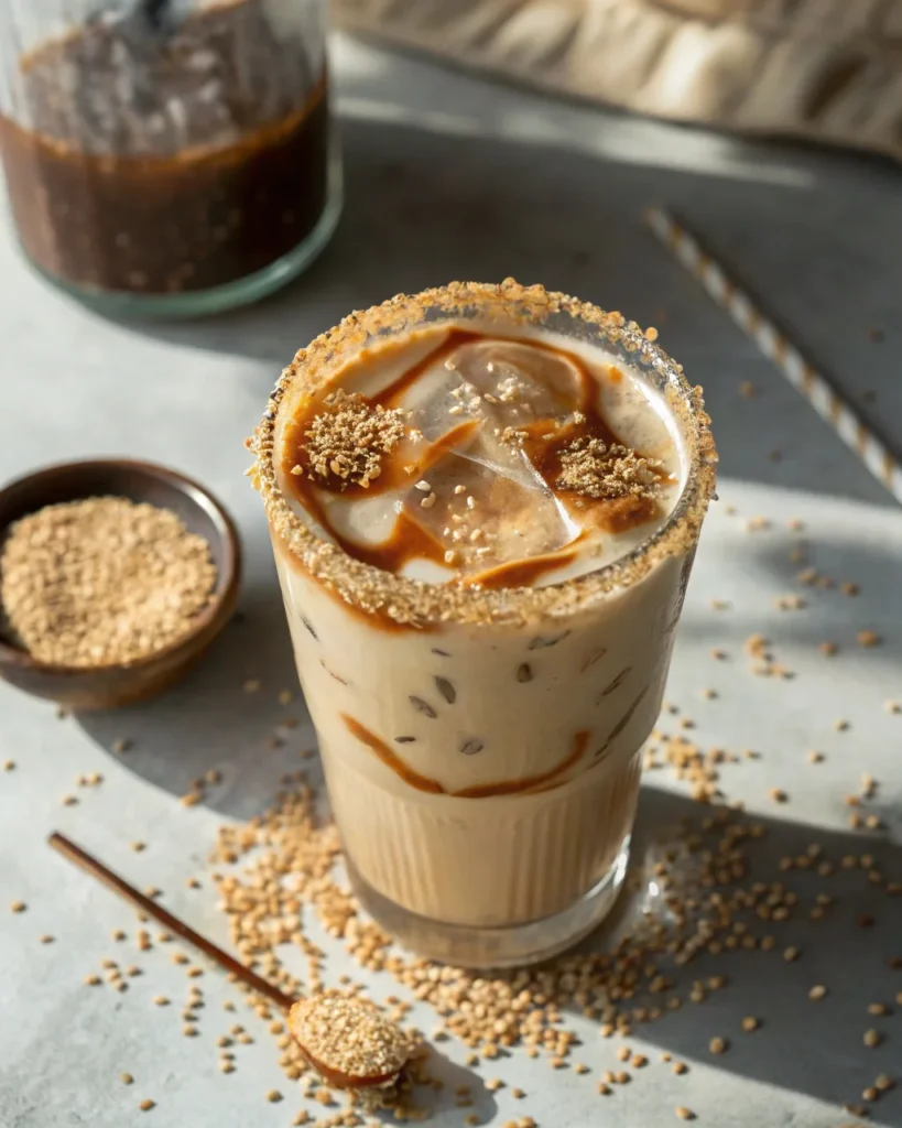 Iced tahini latte with oat milk swirls and sesame seed rim in a glass