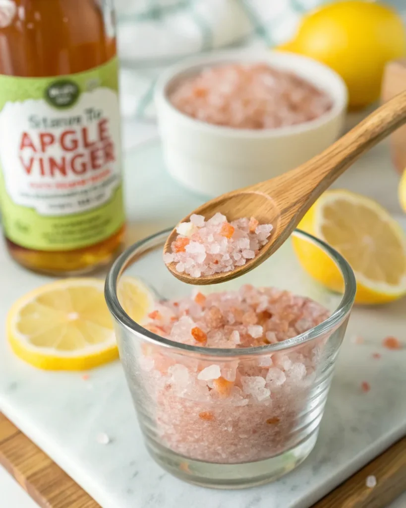 Pink Himalayan salt being added to water for pink salt trick recipe