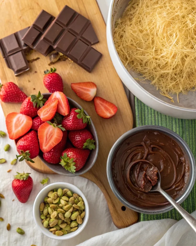 Flat lay of fresh strawberries, melted chocolate, toasted kataifi, and pistachio cream for Dubai chocolate strawberry recipe