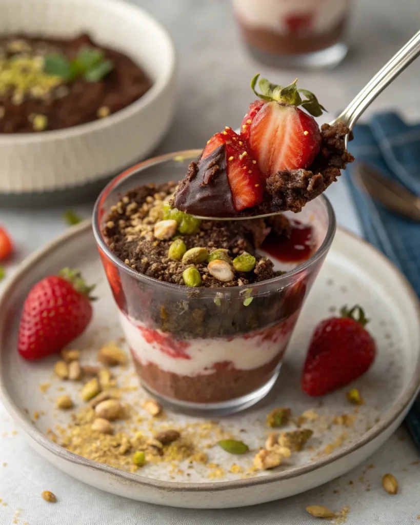 Spoon lifting layers of Dubai chocolate strawberry dessert with pistachio, chocolate, and strawberry in a glass jar