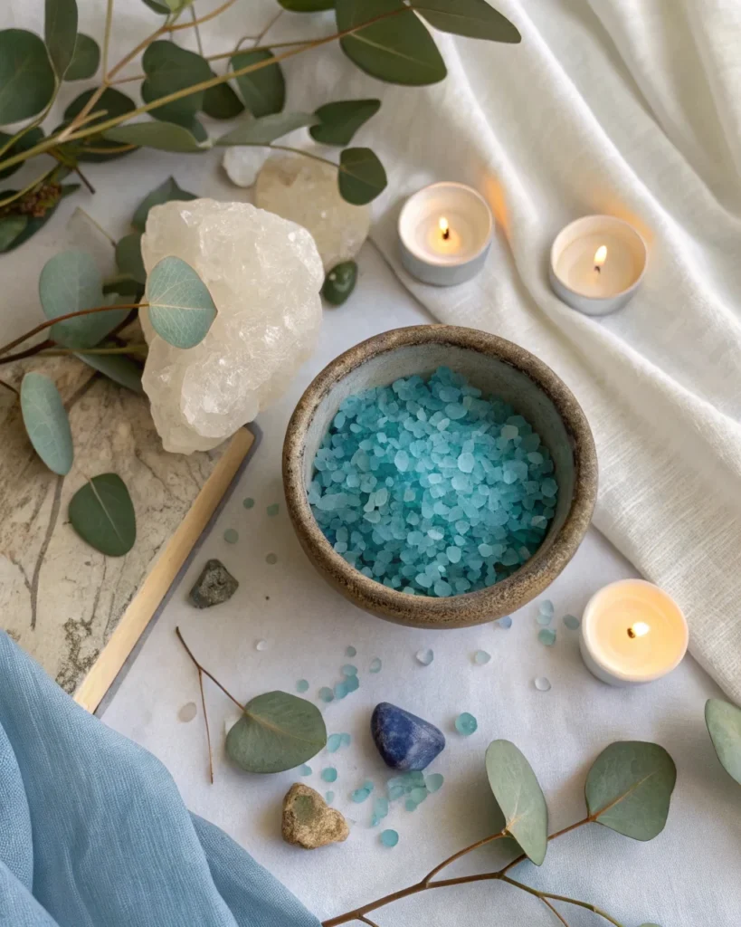 Blue salt for ritual use with crystals and candles – spiritual cleansing setup