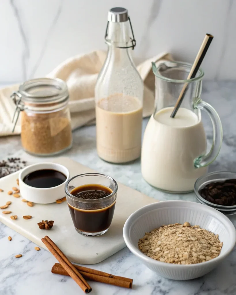 Ingredients for tahini latte including tahini, espresso, oat milk, and maple syrup