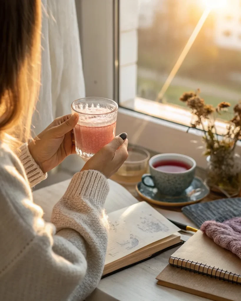 Woman holding pink salt water morning drink as part of wellness routine