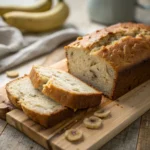 Styled hero shot of cottage cheese banana bread loaf for recipe plugin, showing steamy slices and soft crumb
