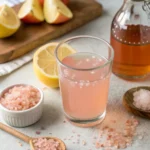 Top-down photo of pink salt trick recipe with Himalayan salt and lemon