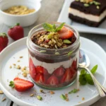 Square image of Dubai chocolate strawberry dessert cup with visible layers of chocolate, strawberries, pistachio cream, and kataifi