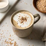 Square image of tahini latte topped with creamy foam and sesame seeds
