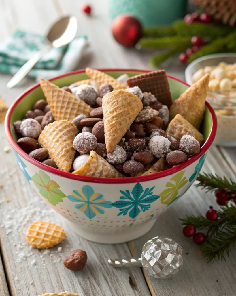 Nutty Buddies snack mix in a rustic bowl with chocolate, nuts, and waffle cones – easy no-bake Nutty Buddies recipe