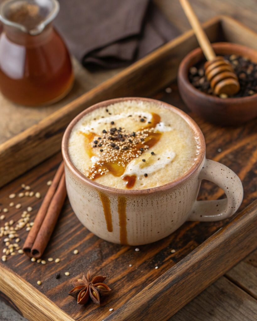 Creamy tahini latte in ceramic mug with honey drizzle and sesame seeds on a rustic tray