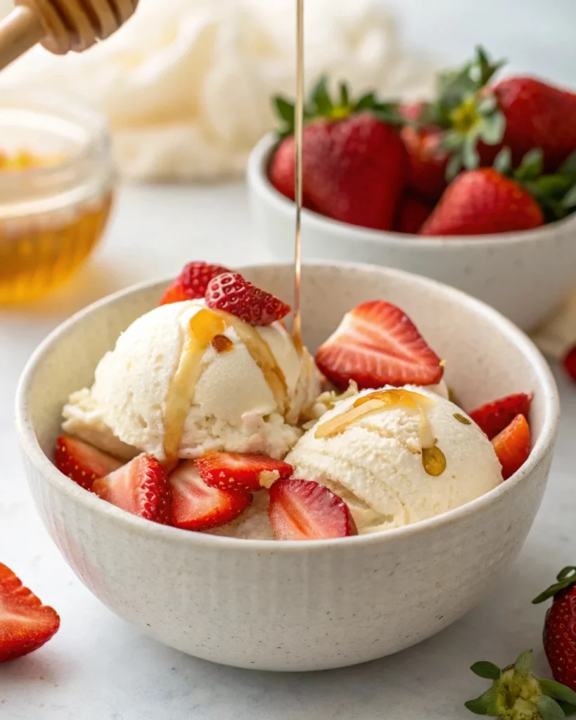 Creamy cottage cheese protein ice cream topped with strawberries and honey in a bowl