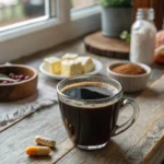 Steaming black coffee with weight loss supplement capsules – coffee loophole recipe morning scene