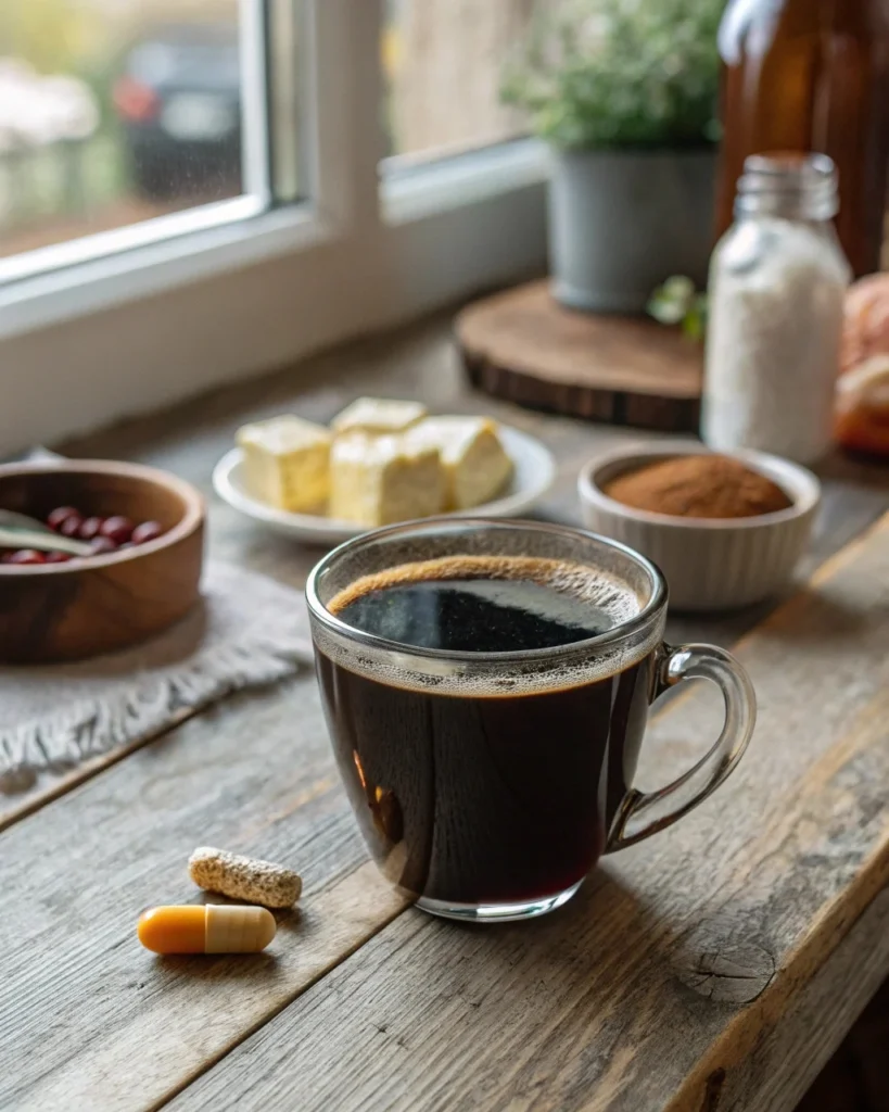 Steaming black coffee with weight loss supplement capsules – coffee loophole recipe morning scene