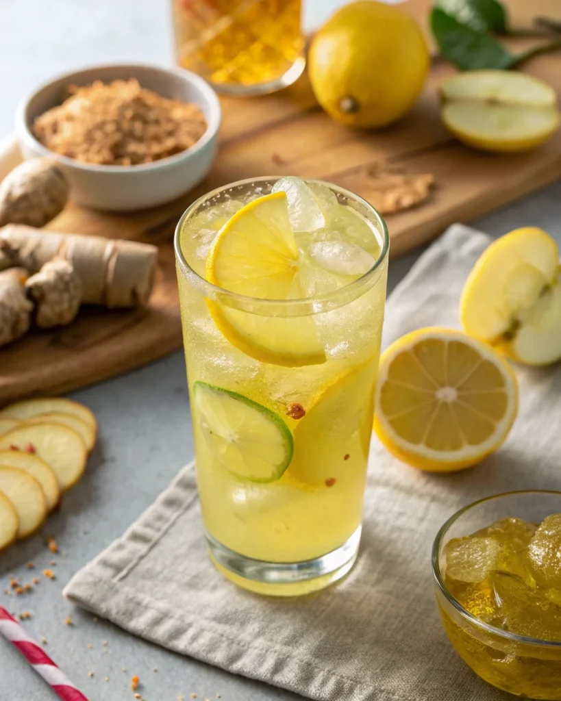 Close-up of a Brazilian Mounjaro drink with lemon, ginger, and apple cider vinegar served in a tall glass on a rustic wooden table.