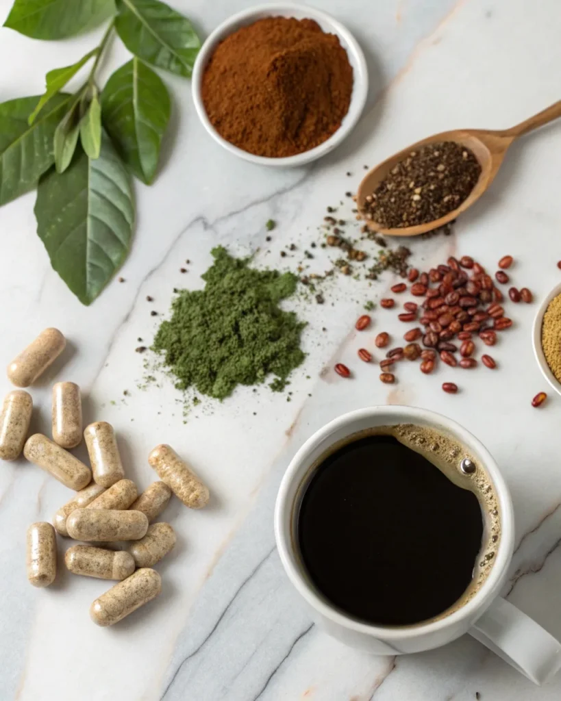 Flat-lay of thermogenic ingredients like green tea, cayenne, and capsules used in the coffee loophole recipe
